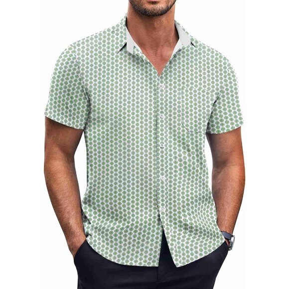 Green Men Short Sleeve Button Down Wrinkle Free Polka Dot Print Shirt - Picture 1 of 5